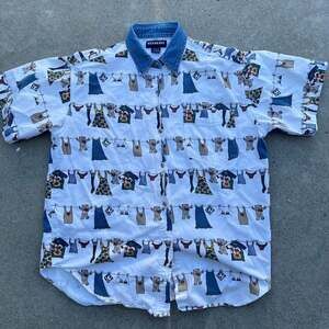 Unique vintage 90s xquizzit denim button down with AOP bear print size Large